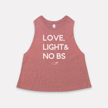 Load image into Gallery viewer, Love, Light &amp; No BS Racerback Cropped Tank
