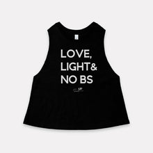 Load image into Gallery viewer, Love, Light &amp; No BS Racerback Cropped Tank
